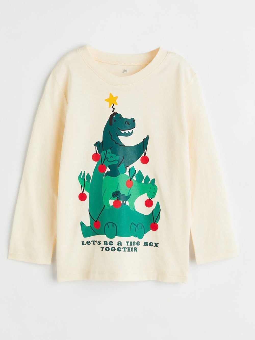 H&M Cream Long-Sleeve Tee with Green T-Rex Dinosaur Tree Graphic NEW Sz 6x/7